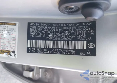 2005 Toyota Corolla Le z USA, uszkodzony, nr VIN JTDBR32E652065052